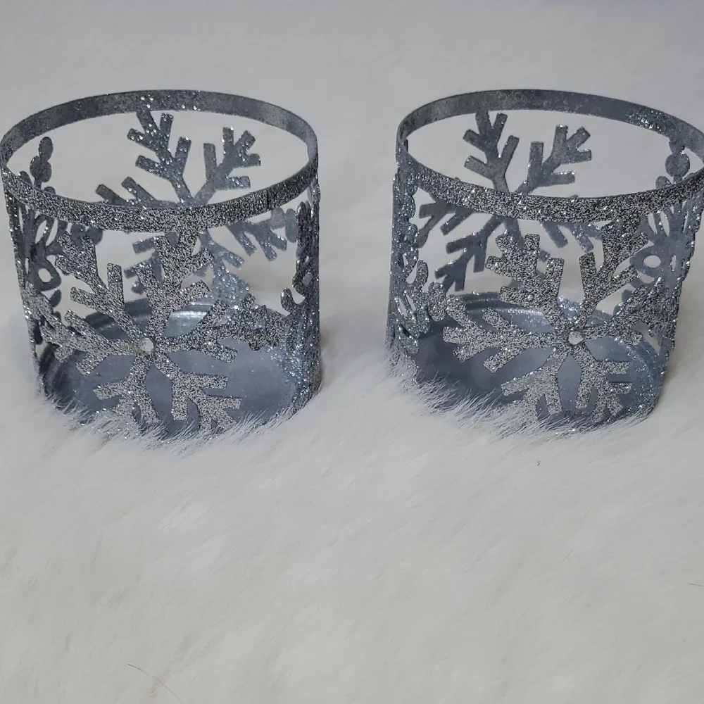 Silver Glitter Snowflake Candle Holders Set of 2 Holiday Winter